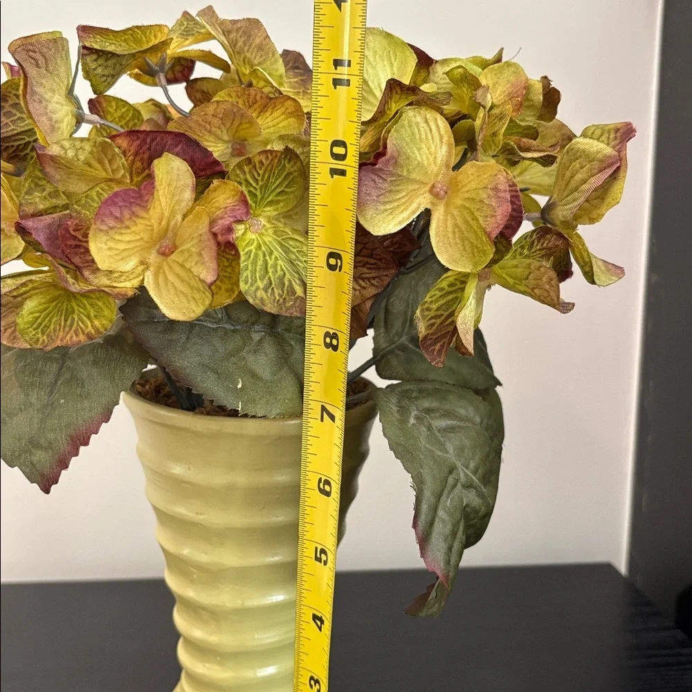 Green Ribbed Vase with Faux Hydrangea Arrangement